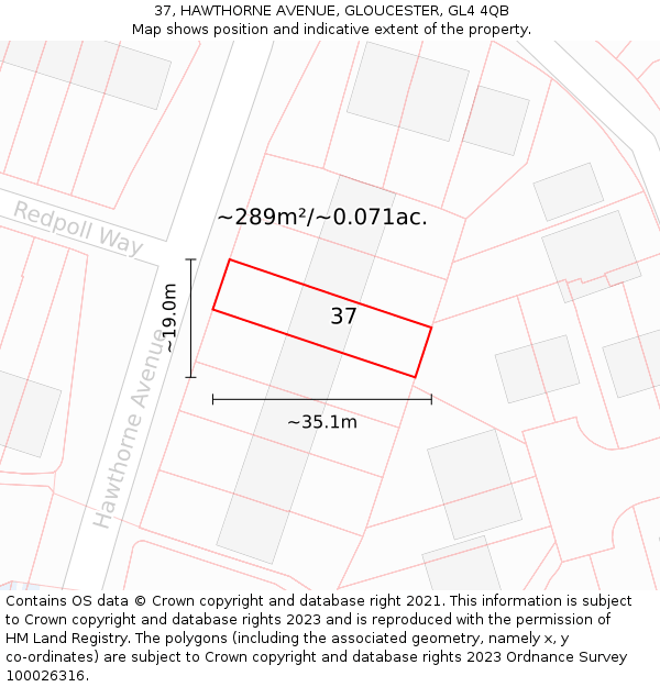 37, HAWTHORNE AVENUE, GLOUCESTER, GL4 4QB: Plot and title map