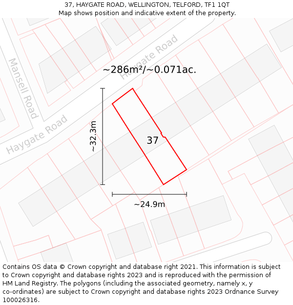 37, HAYGATE ROAD, WELLINGTON, TELFORD, TF1 1QT: Plot and title map