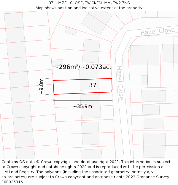 37, HAZEL CLOSE, TWICKENHAM, TW2 7NS: Plot and title map