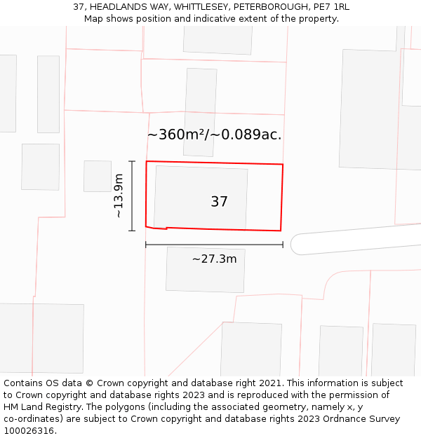 37, HEADLANDS WAY, WHITTLESEY, PETERBOROUGH, PE7 1RL: Plot and title map