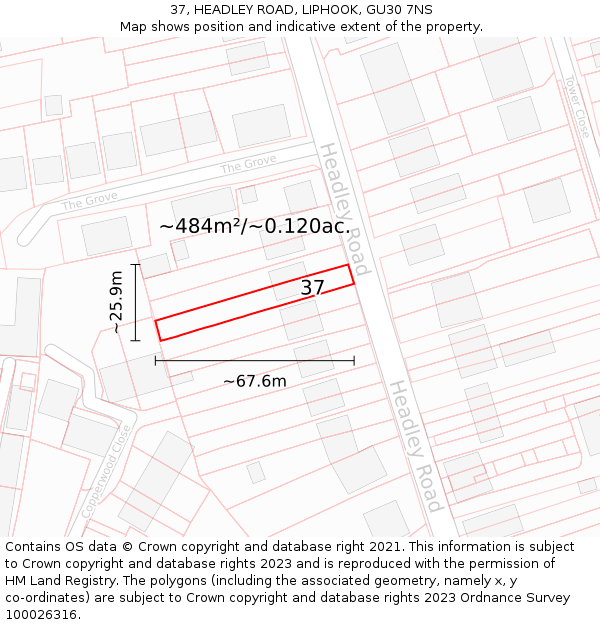 37, HEADLEY ROAD, LIPHOOK, GU30 7NS: Plot and title map