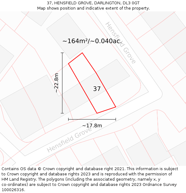 37, HENSFIELD GROVE, DARLINGTON, DL3 0GT: Plot and title map