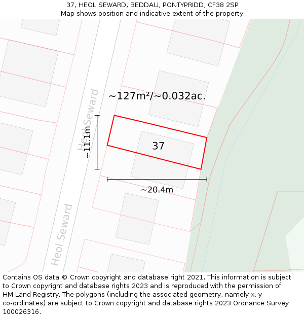 37, HEOL SEWARD, BEDDAU, PONTYPRIDD, CF38 2SP: Plot and title map