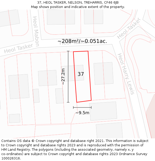 37, HEOL TASKER, NELSON, TREHARRIS, CF46 6JB: Plot and title map