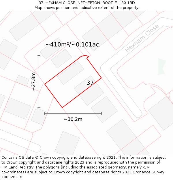 37, HEXHAM CLOSE, NETHERTON, BOOTLE, L30 1BD: Plot and title map
