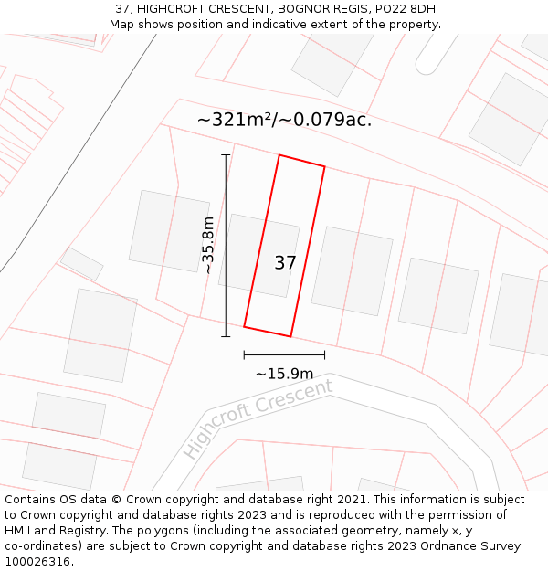 37, HIGHCROFT CRESCENT, BOGNOR REGIS, PO22 8DH: Plot and title map