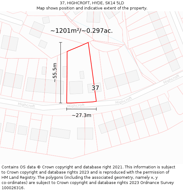 37, HIGHCROFT, HYDE, SK14 5LD: Plot and title map