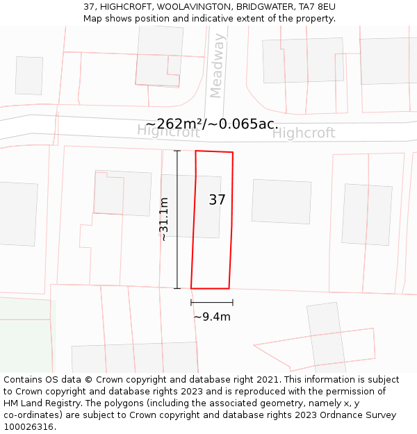 37, HIGHCROFT, WOOLAVINGTON, BRIDGWATER, TA7 8EU: Plot and title map