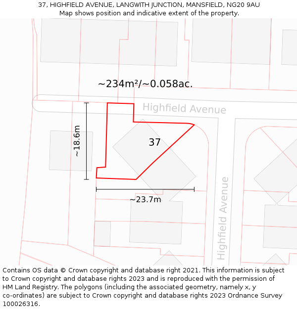 37, HIGHFIELD AVENUE, LANGWITH JUNCTION, MANSFIELD, NG20 9AU: Plot and title map