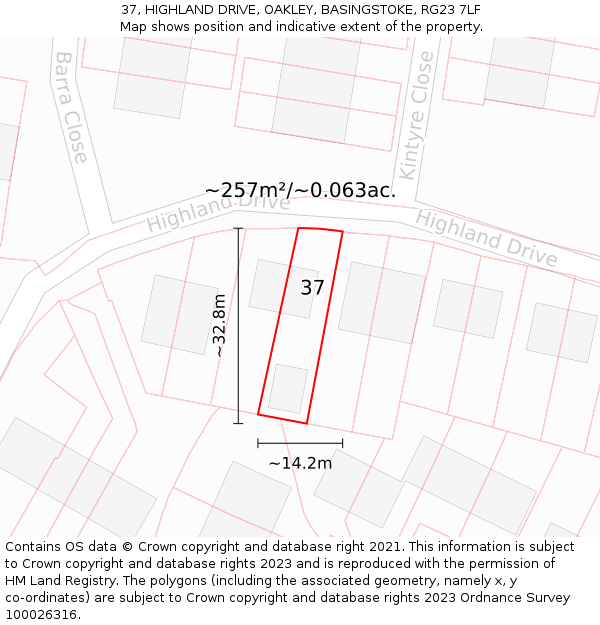 37, HIGHLAND DRIVE, OAKLEY, BASINGSTOKE, RG23 7LF: Plot and title map