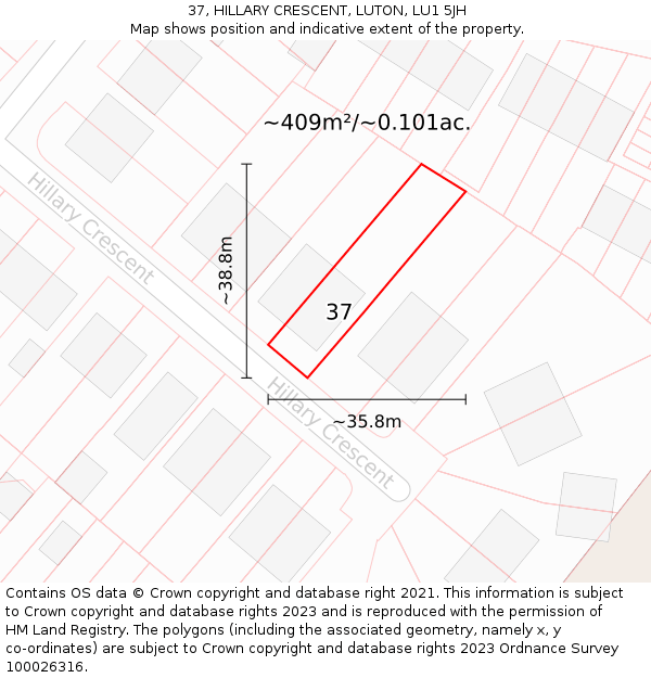 37, HILLARY CRESCENT, LUTON, LU1 5JH: Plot and title map