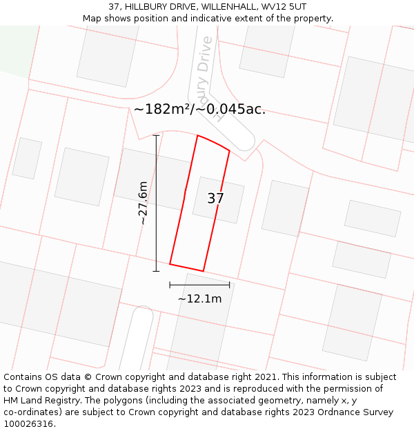 37, HILLBURY DRIVE, WILLENHALL, WV12 5UT: Plot and title map