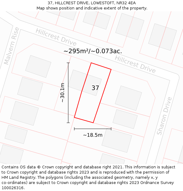 37, HILLCREST DRIVE, LOWESTOFT, NR32 4EA: Plot and title map