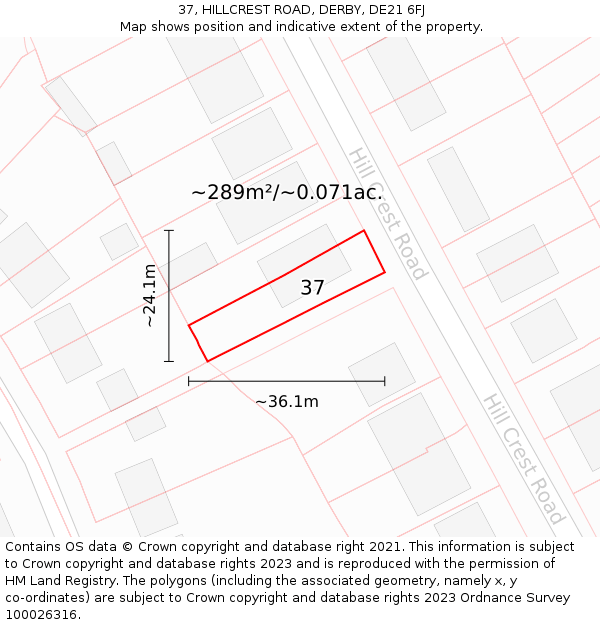 37, HILLCREST ROAD, DERBY, DE21 6FJ: Plot and title map