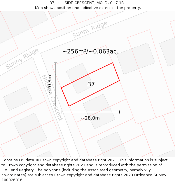 37, HILLSIDE CRESCENT, MOLD, CH7 1RL: Plot and title map