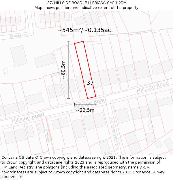 37, HILLSIDE ROAD, BILLERICAY, CM11 2DA: Plot and title map