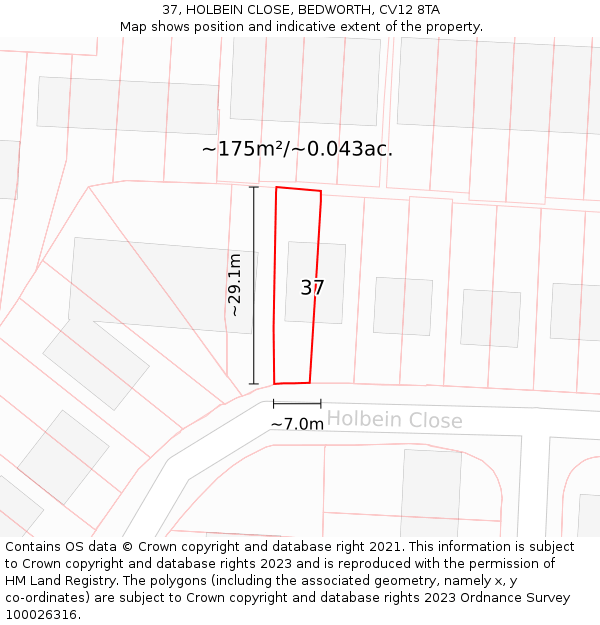 37, HOLBEIN CLOSE, BEDWORTH, CV12 8TA: Plot and title map