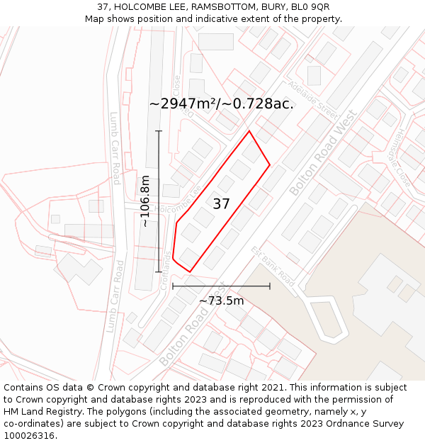 37, HOLCOMBE LEE, RAMSBOTTOM, BURY, BL0 9QR: Plot and title map