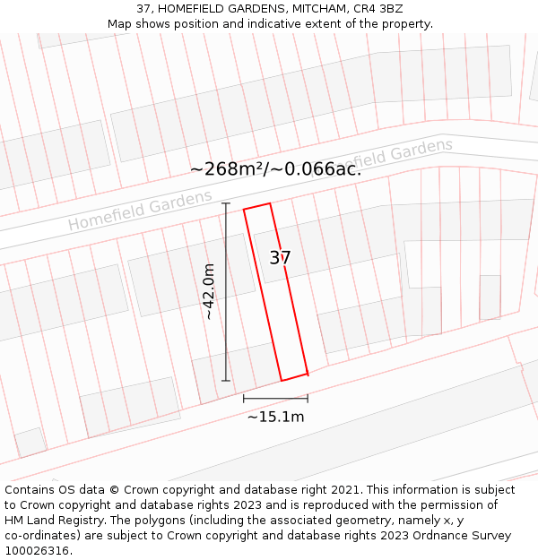 37, HOMEFIELD GARDENS, MITCHAM, CR4 3BZ: Plot and title map