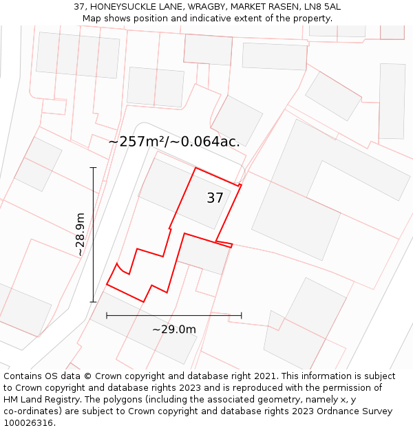 37, HONEYSUCKLE LANE, WRAGBY, MARKET RASEN, LN8 5AL: Plot and title map