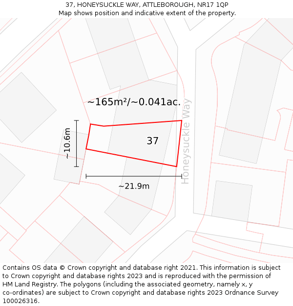 37, HONEYSUCKLE WAY, ATTLEBOROUGH, NR17 1QP: Plot and title map