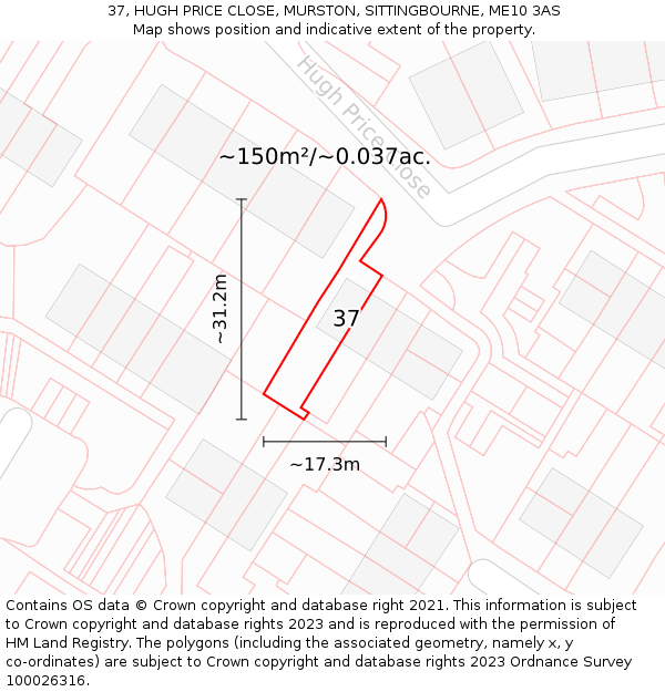 37, HUGH PRICE CLOSE, MURSTON, SITTINGBOURNE, ME10 3AS: Plot and title map