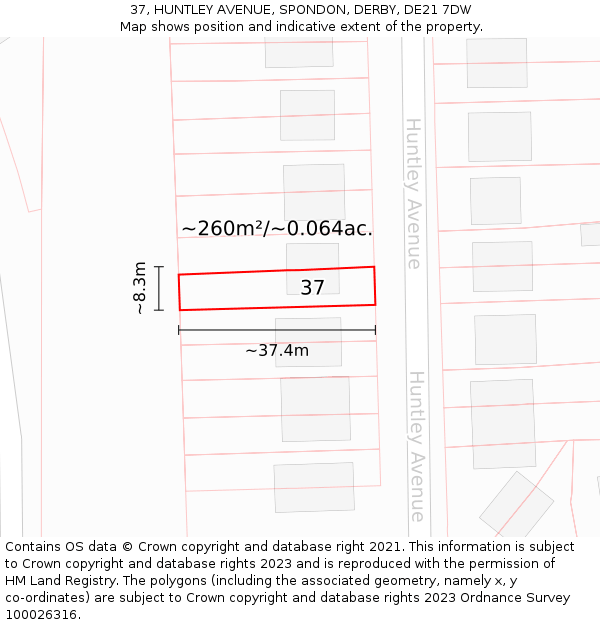 37, HUNTLEY AVENUE, SPONDON, DERBY, DE21 7DW: Plot and title map