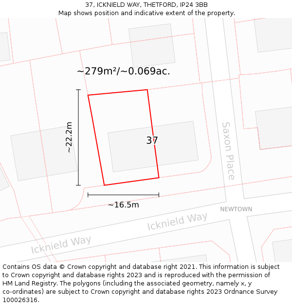 37, ICKNIELD WAY, THETFORD, IP24 3BB: Plot and title map