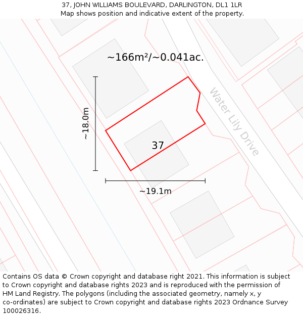 37, JOHN WILLIAMS BOULEVARD, DARLINGTON, DL1 1LR: Plot and title map