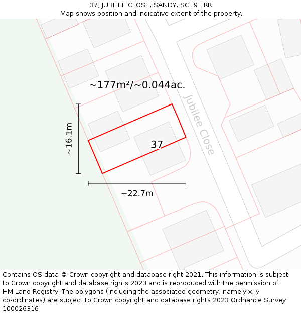 37, JUBILEE CLOSE, SANDY, SG19 1RR: Plot and title map