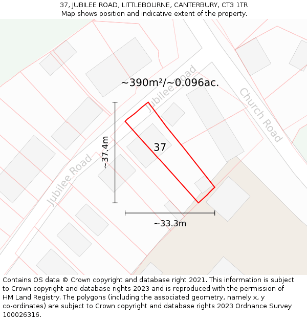 37, JUBILEE ROAD, LITTLEBOURNE, CANTERBURY, CT3 1TR: Plot and title map