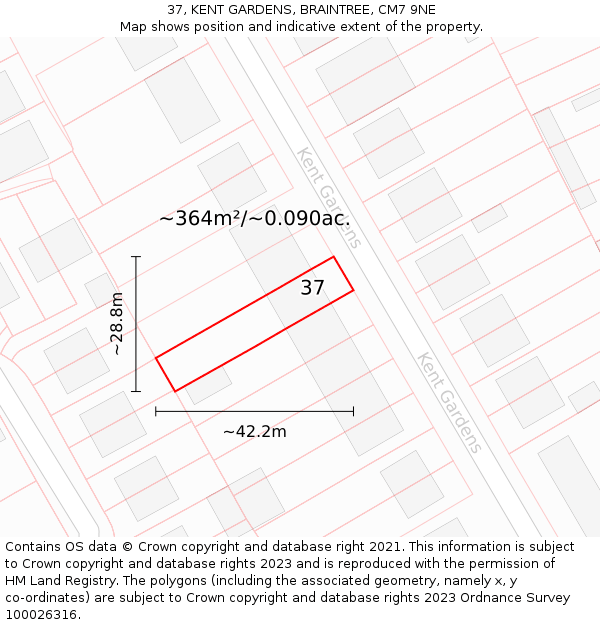 37, KENT GARDENS, BRAINTREE, CM7 9NE: Plot and title map