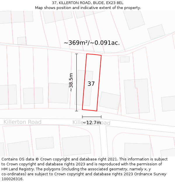 37, KILLERTON ROAD, BUDE, EX23 8EL: Plot and title map