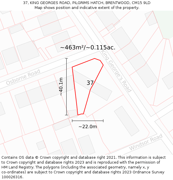 37, KING GEORGES ROAD, PILGRIMS HATCH, BRENTWOOD, CM15 9LD: Plot and title map