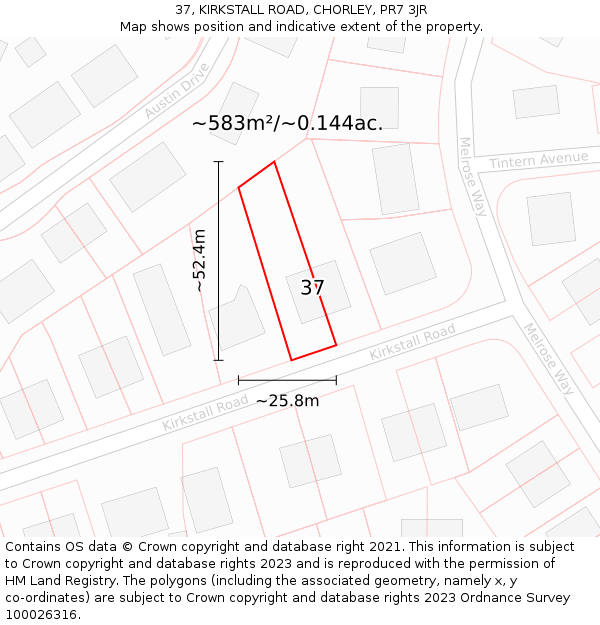 37, KIRKSTALL ROAD, CHORLEY, PR7 3JR: Plot and title map