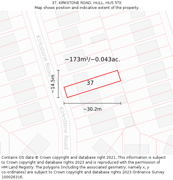 37, KIRKSTONE ROAD, HULL, HU5 5TX: Plot and title map