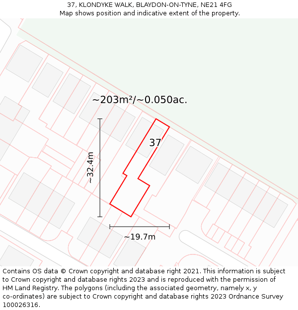 37, KLONDYKE WALK, BLAYDON-ON-TYNE, NE21 4FG: Plot and title map