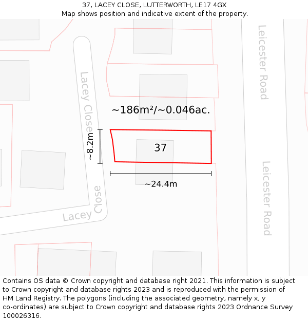 37, LACEY CLOSE, LUTTERWORTH, LE17 4GX: Plot and title map