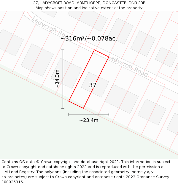 37, LADYCROFT ROAD, ARMTHORPE, DONCASTER, DN3 3RR: Plot and title map
