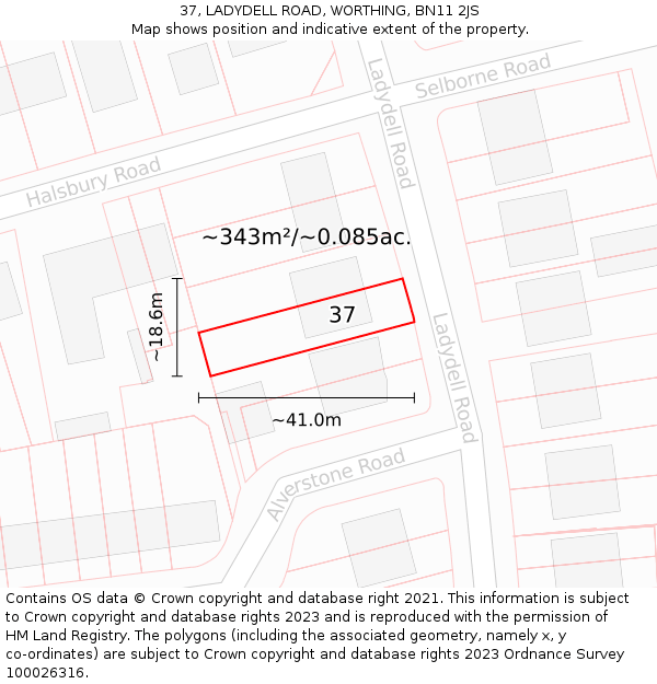 37, LADYDELL ROAD, WORTHING, BN11 2JS: Plot and title map