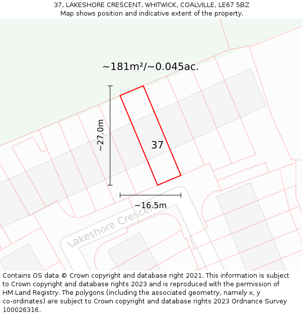 37, LAKESHORE CRESCENT, WHITWICK, COALVILLE, LE67 5BZ: Plot and title map