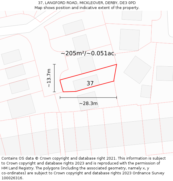 37, LANGFORD ROAD, MICKLEOVER, DERBY, DE3 0PD: Plot and title map