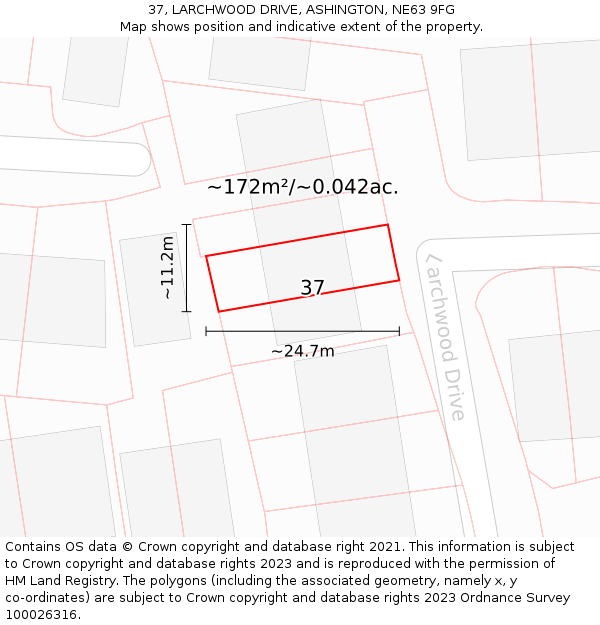 37, LARCHWOOD DRIVE, ASHINGTON, NE63 9FG: Plot and title map