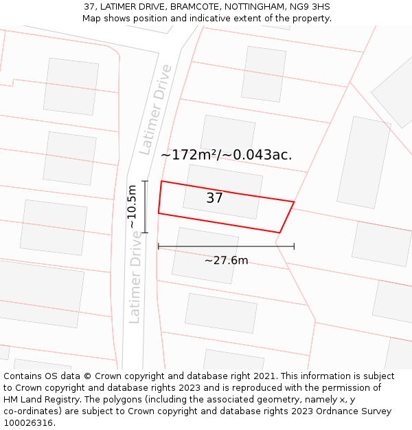 37, LATIMER DRIVE, BRAMCOTE, NOTTINGHAM, NG9 3HS: Plot and title map