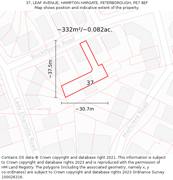 37, LEAF AVENUE, HAMPTON HARGATE, PETERBOROUGH, PE7 8EF: Plot and title map