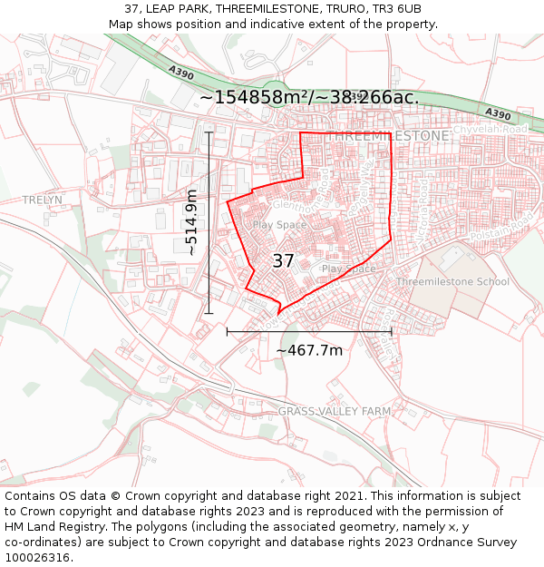 37, LEAP PARK, THREEMILESTONE, TRURO, TR3 6UB: Plot and title map