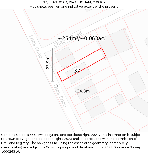 37, LEAS ROAD, WARLINGHAM, CR6 9LP: Plot and title map