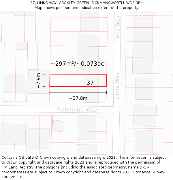 37, LINKS WAY, CROXLEY GREEN, RICKMANSWORTH, WD3 3RH: Plot and title map