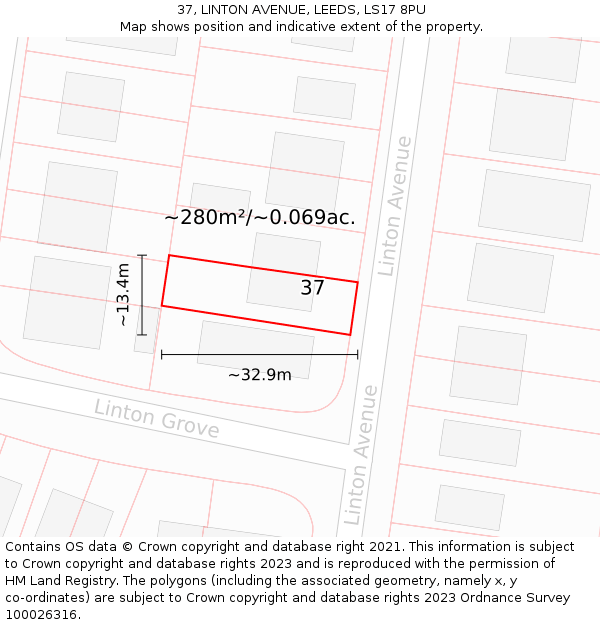 37, LINTON AVENUE, LEEDS, LS17 8PU: Plot and title map