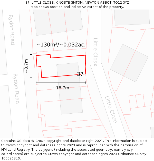 37, LITTLE CLOSE, KINGSTEIGNTON, NEWTON ABBOT, TQ12 3YZ: Plot and title map